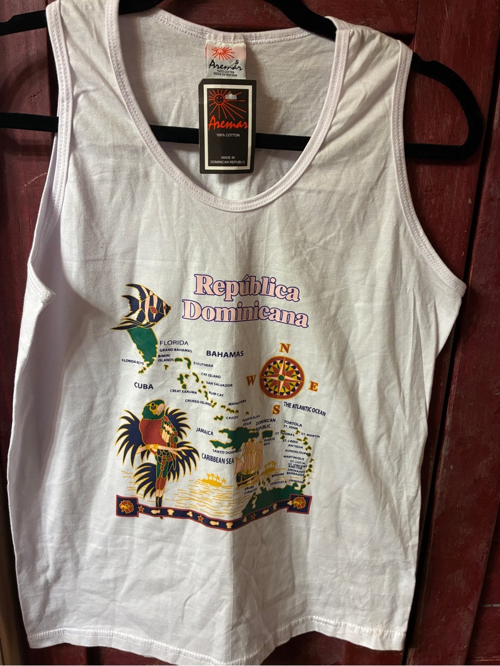 Aremar Small White Tank Top Shirt Republica Dominicana Caribbean Map Beach NEW